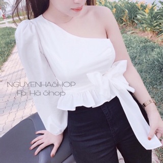 [HÌNH_THẬT_CUỐI]Áo phi lụa 1 tay hở vai cột nơ eo xinh