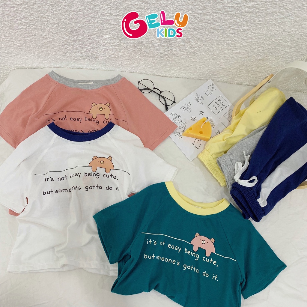 Bộ quần áo bé trai bé gái cộc tay in chữ cổ phối màu đáng yêu cho bé trai, bé gái - GELU Kids GLQA02