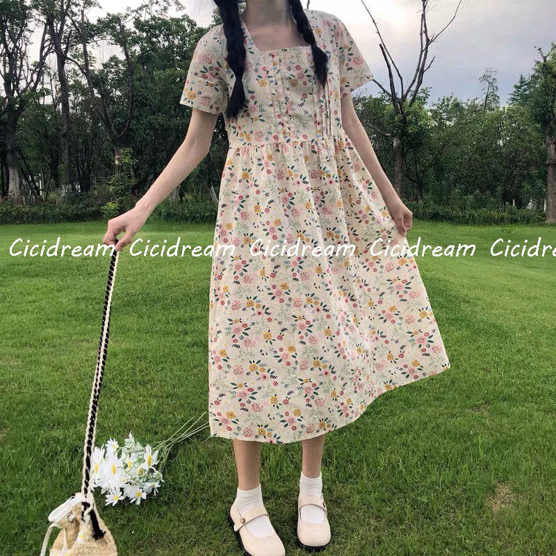 Váy hoa nhí cổ vuông cộc tay - Váy hoa nhí cổ vuông babydoll ulzzang hoa nhí xếp ly ngực ( màu hoa be một màu)