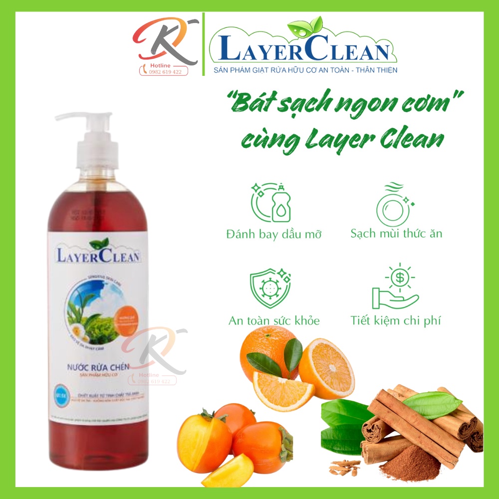 Nước rửa chén bát hữu cơ Layer Clean 800ml - Hương Quế, Hương quả hồng, Hương quýt - Tặng miếng mút cọ rửa