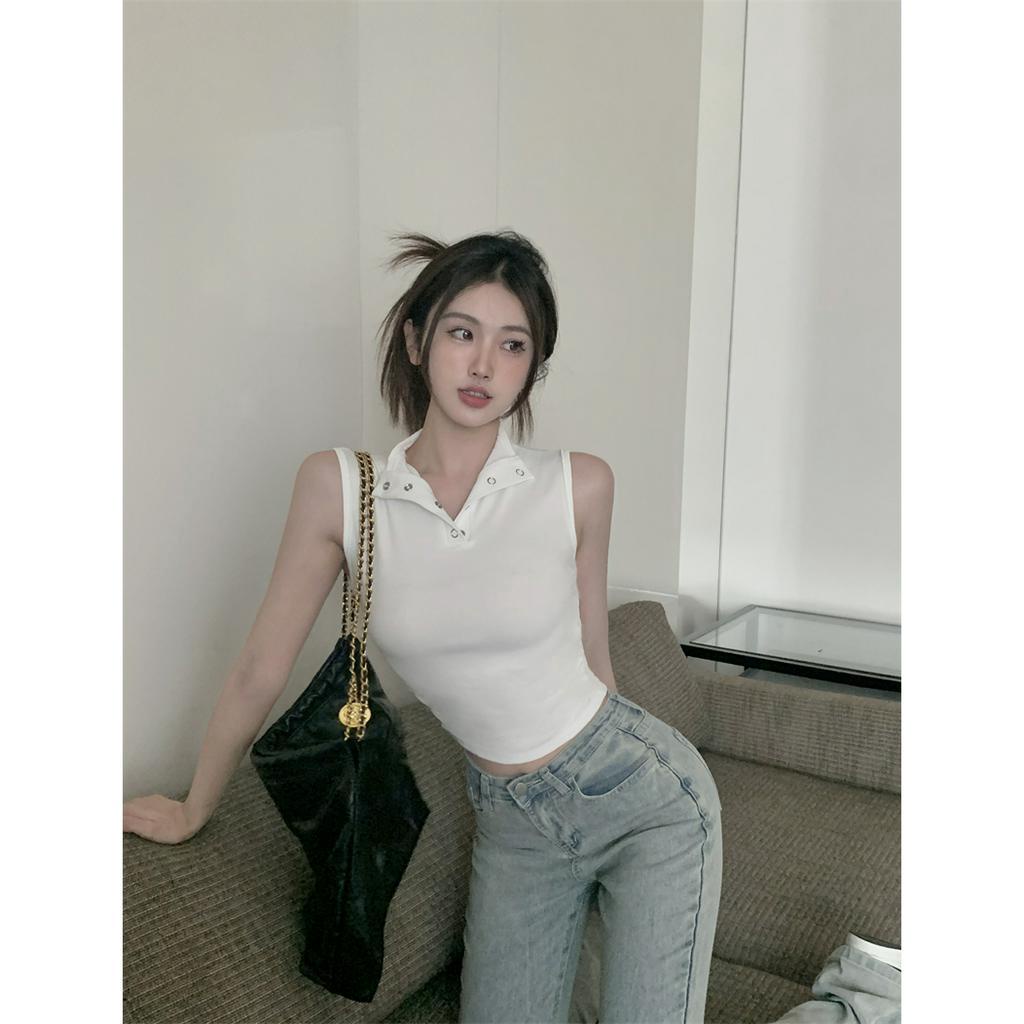 QADCOL Áo Thun Cotton Không Tay Cổ Cao Dáng Ôm Màu Hồng Thời Trang Mùa Hè Quyến Rũ Cho Nữ