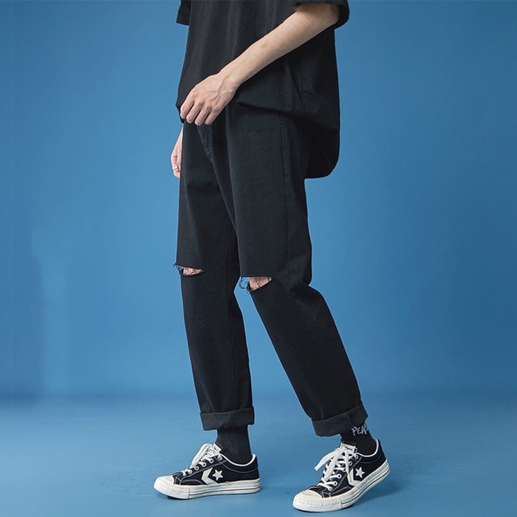Quần Baggy Jeans Nam Đen Rách Gối Dáng Đứng Ống Rộng Suông Phong Cách Trẻ Trung Năng Động