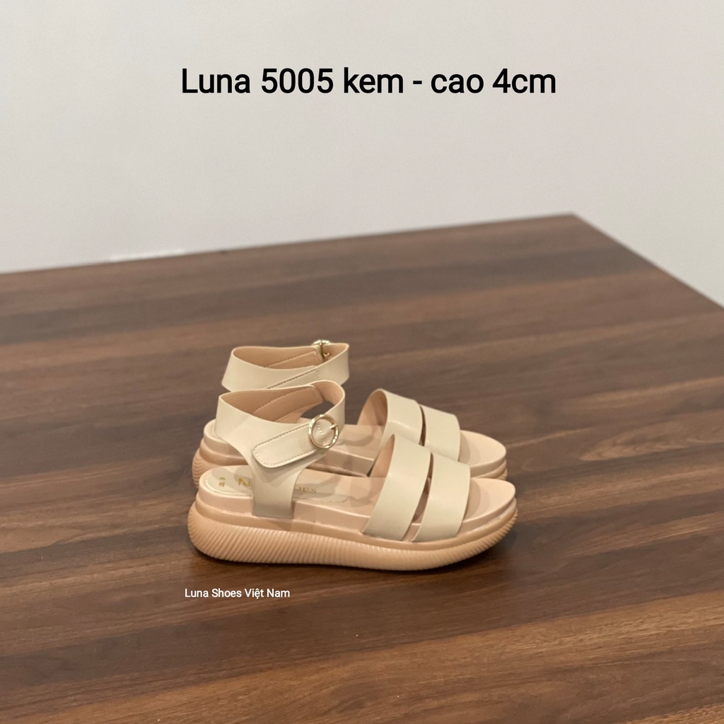 Dép sandal nữ đế cao 4p LUNASHOES 5005 da si bảo hành 1 năm có quai ngang màu đen,kem giầy quai hậu đi học