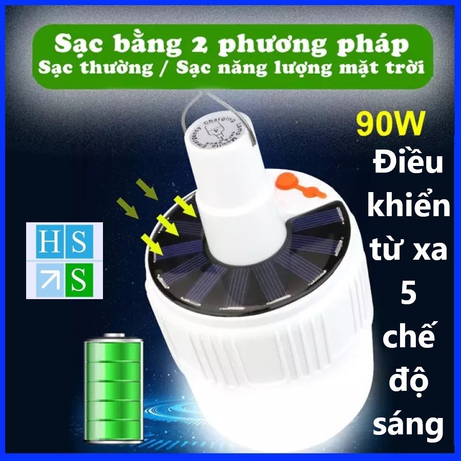 Đèn LED tích điện không dây - Đèn năng lượng mặt trời công suất 90W có remote điều khiển từ xa 5 chế độ sáng