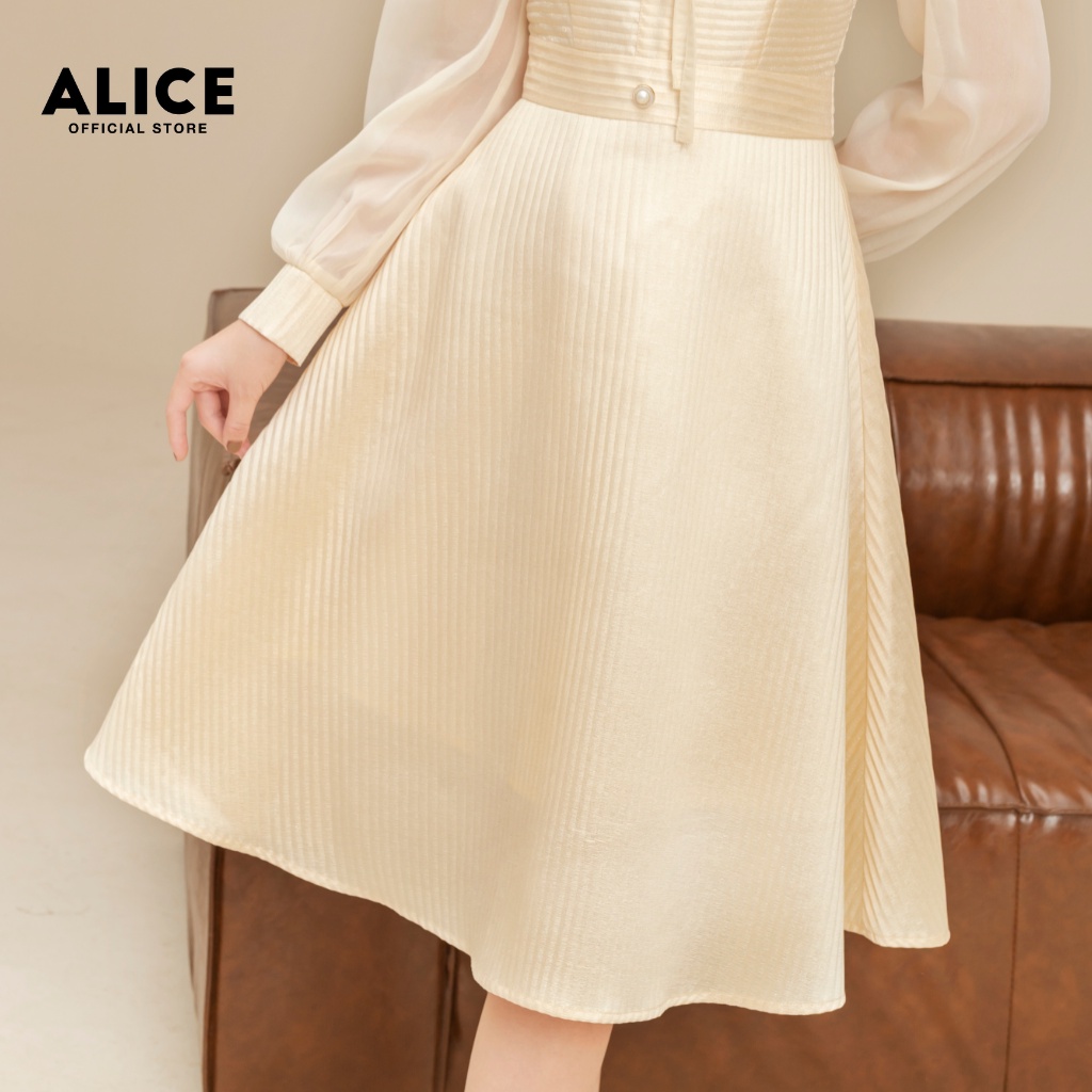 Váy Dự Tiệc Sang Chảnh ALICE Thiết Kế Dài Tay Tiểu Thư Eo Dập Ly Phối Tơ Lụa V739 | BigBuy360 - bigbuy360.vn