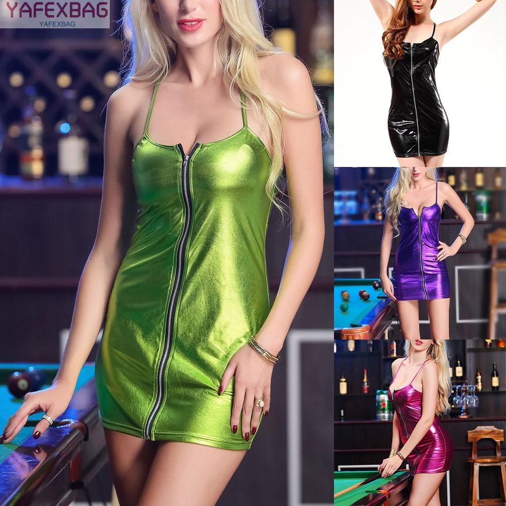 Womens Bodycon Dress Sexy Shiny Skirt Sleeveless Wet Look Bodycon Glossy