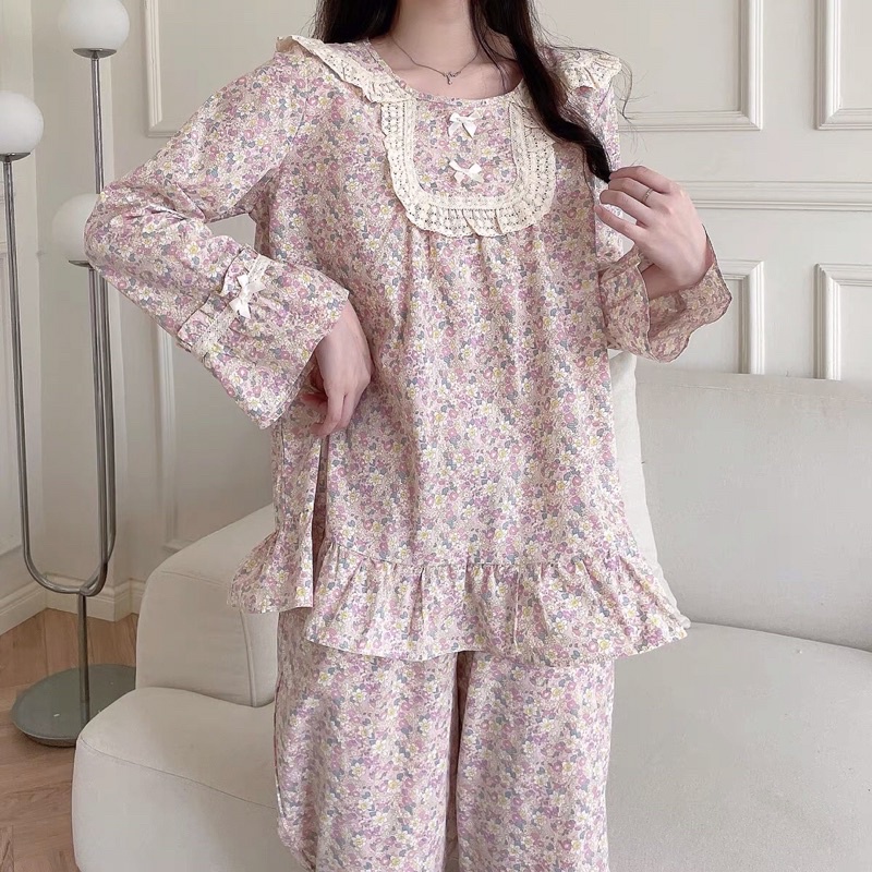 Đồ Ngủ Hoa Nhí Ulzzang Style Hàn Quốc- Đồ Bộ Nữ Mặc Nhà Tiểu Thư Phối Bèo Công Chúa