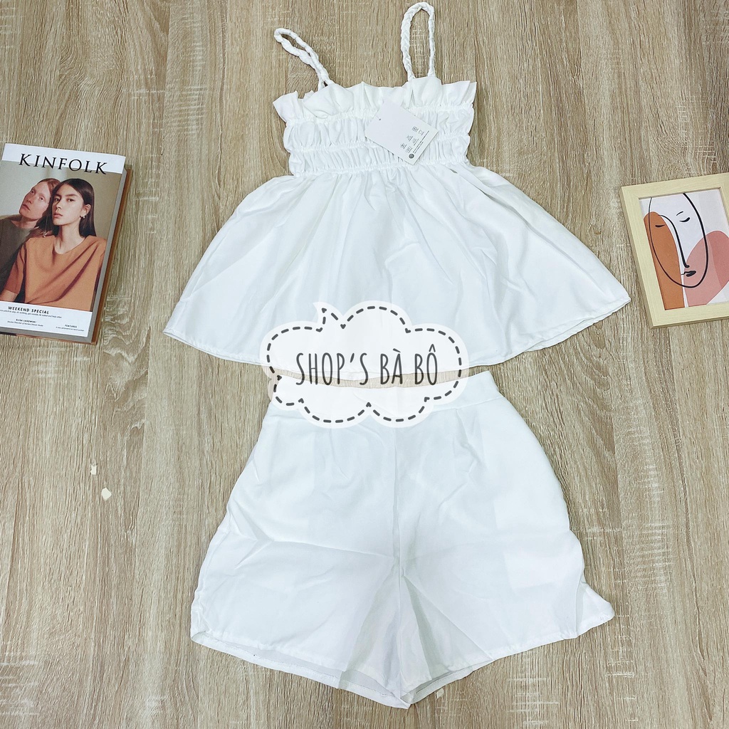 Set hai dây đan, vải cotton cho nữ mặc nhà, mặc đi chơi, áo hai dây, form babydoll, áo nhún ở phần ngực, quần short có t