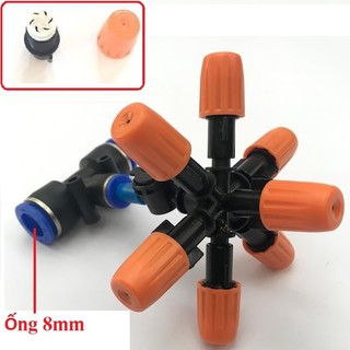 Vòi phun sương 7 cửa có van áp chống nhỏ giọt, lõi đầu cam màu trắng,dùng ống phun sương 8mm; 10 hoặc 12mm