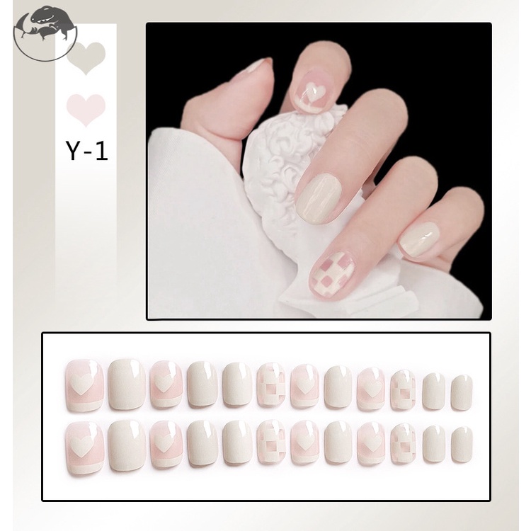 Bộ 24 Móng Tay Giả Dài/Ngắn In Họa Tiết Caro Dễ Thương Che Phủ Toàn Diện