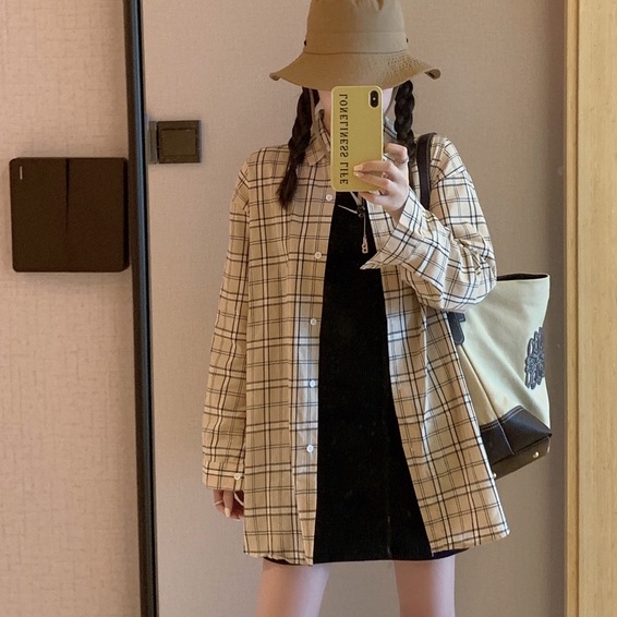 ZHELIHANGFEI Áo Sơ Mi Caro Tay Dài Dáng Rộng Thời Trang Cho Nữ