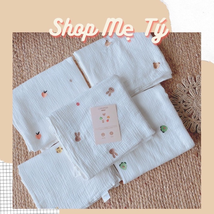 (Organic - màu trắng) Chăn gạc xô 4 lớp kiêm khăn tắm Monona Xuất Hàn thêu đào hổ thỏ gấu khủng long