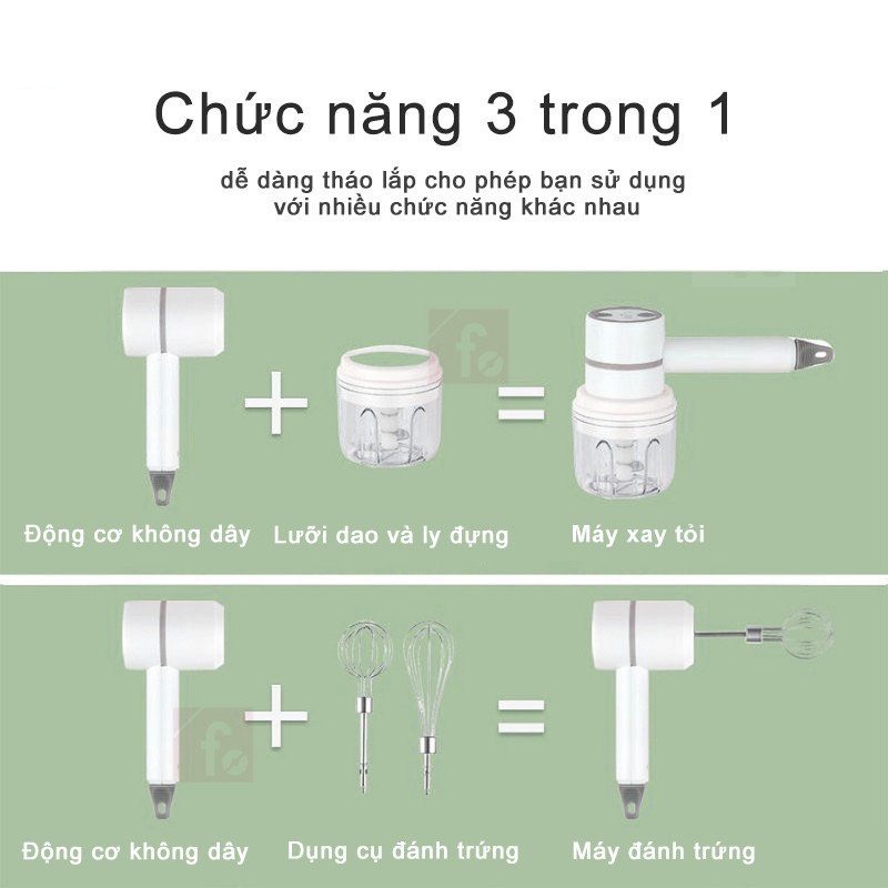 Máy Đánh Trứng Không Dây 3 in 1, Đánh Trứng, Xay Tỏi, Đồ Ăn Dặm Tiện Lợi