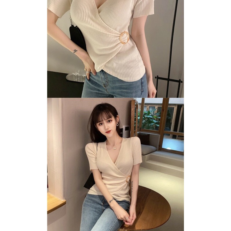 [Mã 11FASHIONSALE1 giảm 10K đơn 50K] Áo vạt chéo cổ tim đính đai nữ cộc tay điệu đà cao cấp | BigBuy360 - bigbuy360.vn