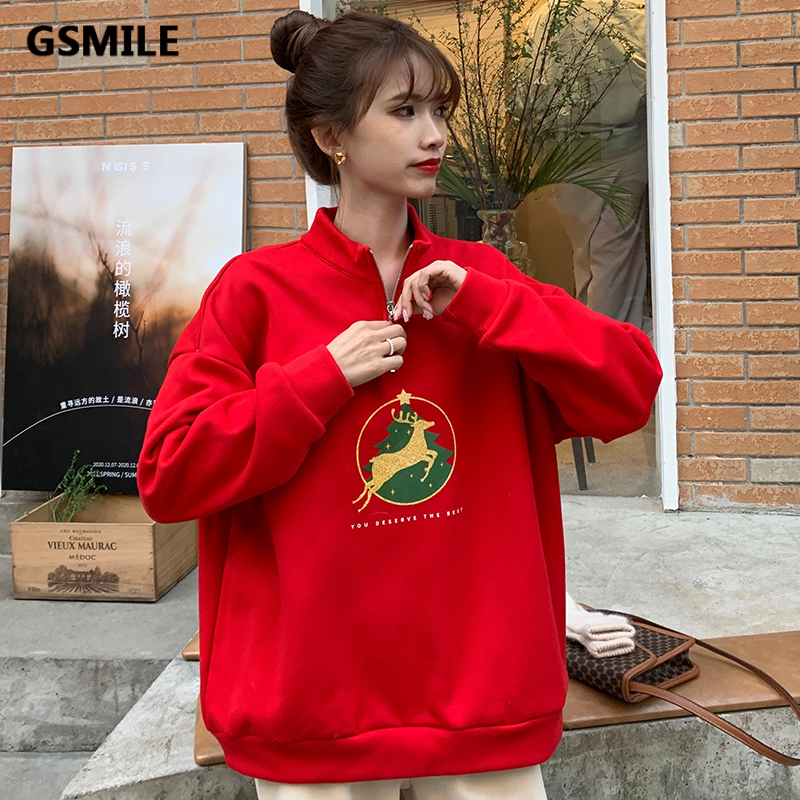 Áo Sweater Tay Dài Dáng Rộng Cổ Khóa Kéo Phong Cách Hàn Quốc Thời Trang Giáng Sinh 3 Kiểu Lựa Chọn