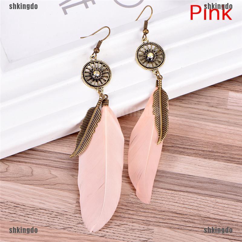 Cặp khuyên tai kiểu chấu móc mặt hình lông vũ tua rua cho nữ