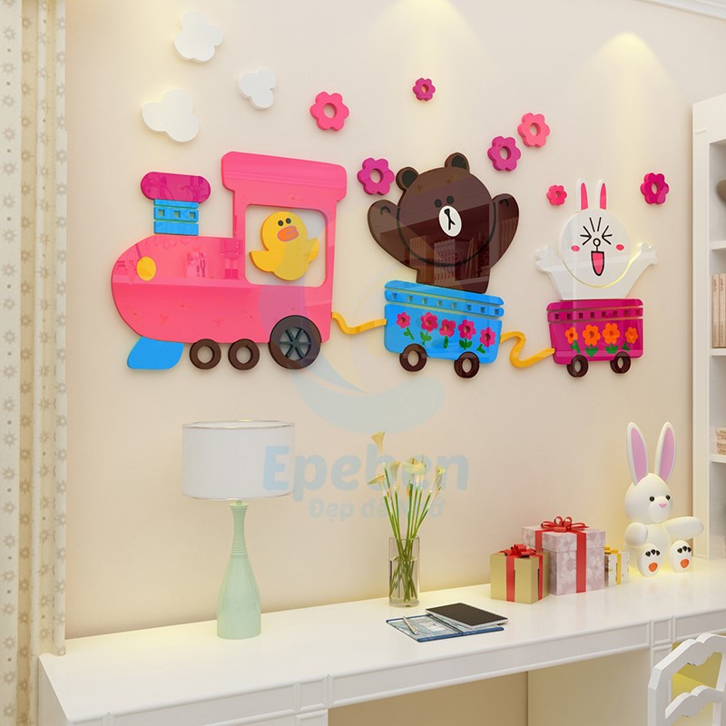 Tranh dán tường mica 3d decor khổ lớn tàu hỏa gấu nâu thỏ trắng vịt con trang trí mầm non phòng trẻ Nhiều Size - EPeBen