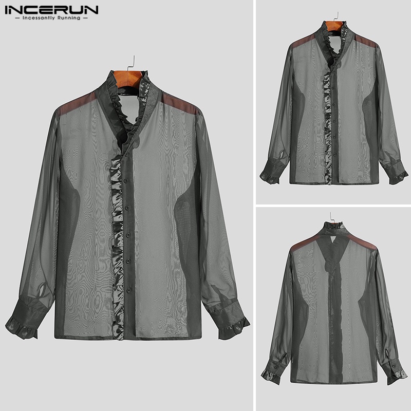 Incerun Áo Sơ Mi Flounce Henley Dài Tay Xuyên Thấu Thanh Lịch Phong Cách Anh Quốc Cho Nam