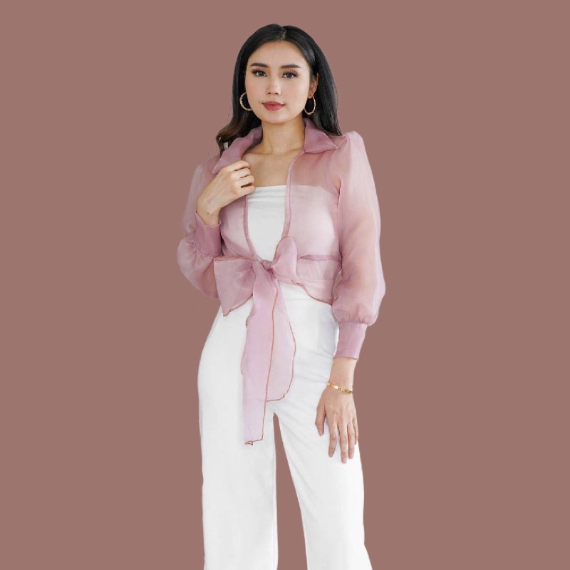 Koliya Ngoài Chất Liệu ORGANZA Chấm Bi Cổ Áo Dài Tay Màu Hồng Mật Ong Màu Xám Đen Trắng