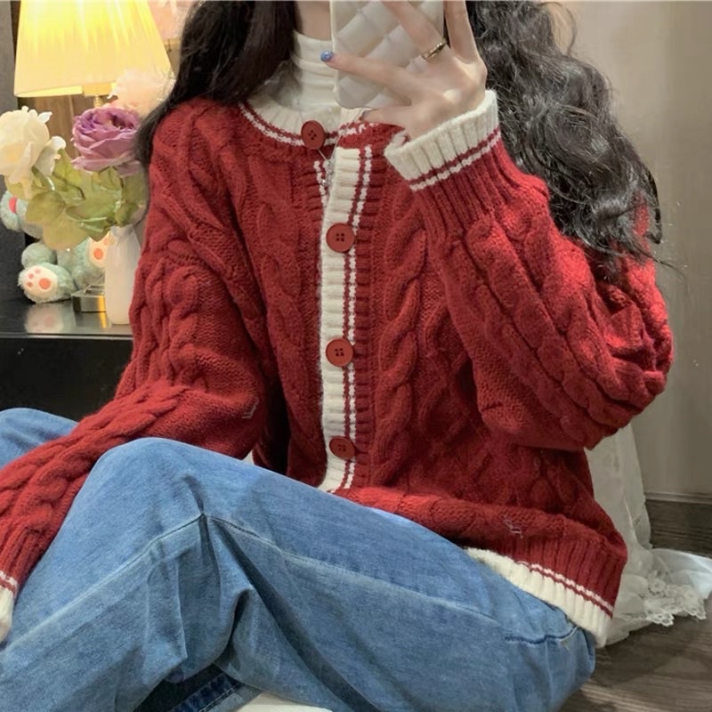 Áo len Cardigan 2 màu trắng đỏ siêu xinh