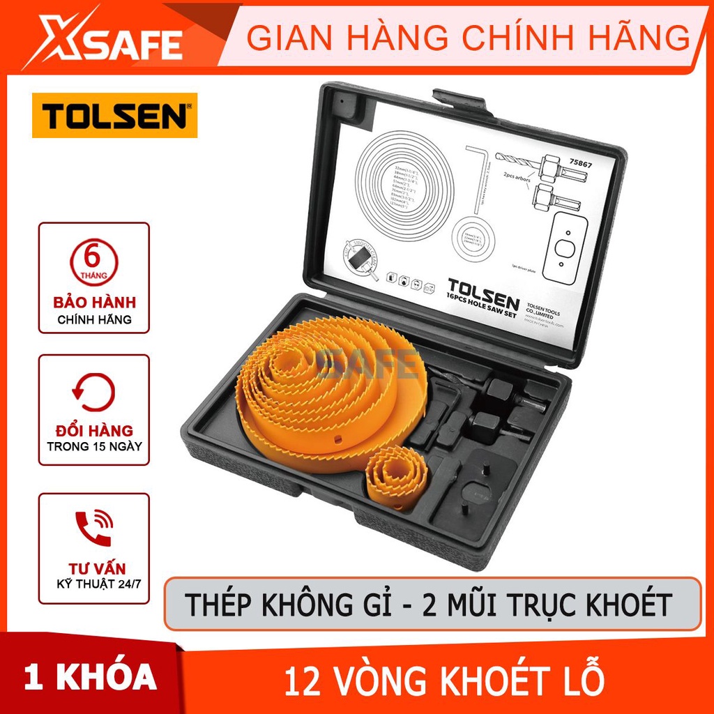 Bộ khoét lỗ tròn Tolsen 75867 16 chi tiết nhiều kích thước, kết hợp với máy khoan chuyên dụng khoan gỗ, thạch cao[XSAFE]