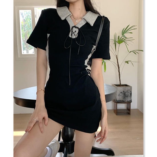 Đầm COZOKC tay ngắn cổ polo chiết eo phong cách Hàn Quốc dễ thương