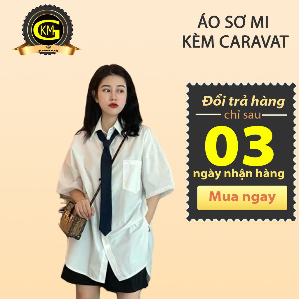 Áo sơ mi nữ cộc tay dáng rộng kèm caravat cá tính