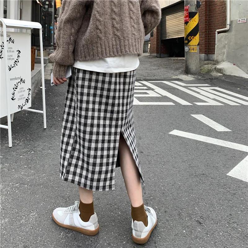 Chân váy dài qua gối lưng thun bằng len dày dặn họa tiết sọc caro phong cách Hàn Quốc cổ điển