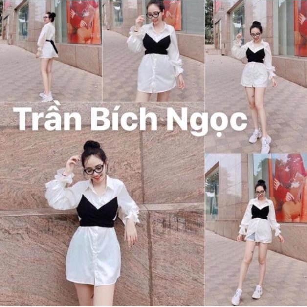 ÁO GIẤU QUẦN DOUBLE SHIRT DÁNG DÀI - ÁO SƠMI LIỀN TAY ĐẮP CHÉO CỘT NƠ ĐEN PHÍA SAU -ĐẦM ulzzang  ྇