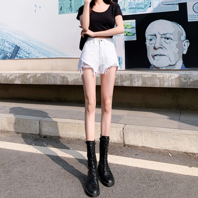 Jiashucheng Quần Short Denim Trắng Rách Dáng Rộng Lưng Cao Thời Trang Mùa Hè 2022 Phong Cách Mới Cho Nữ