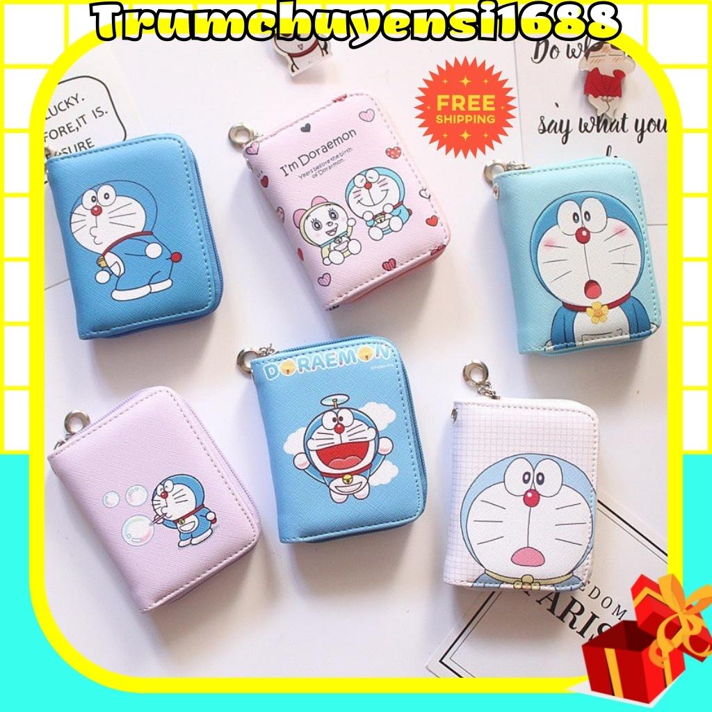 Ví da mini cầm tay khóa kéo 10 ngăn Doraemon