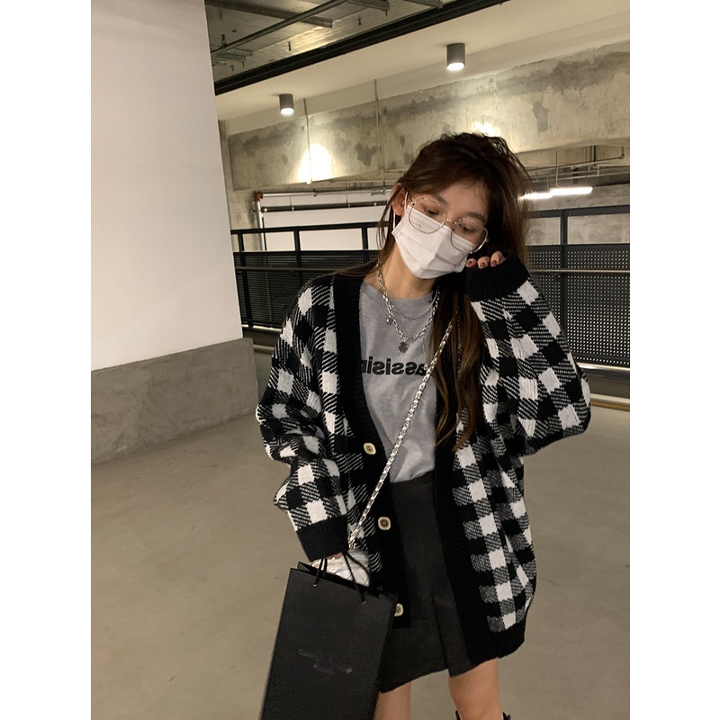 Áo khoác cardigan thu đông  nữ kẻ caro siêu dày khuy vuông phong cách Hàn Quốc P822