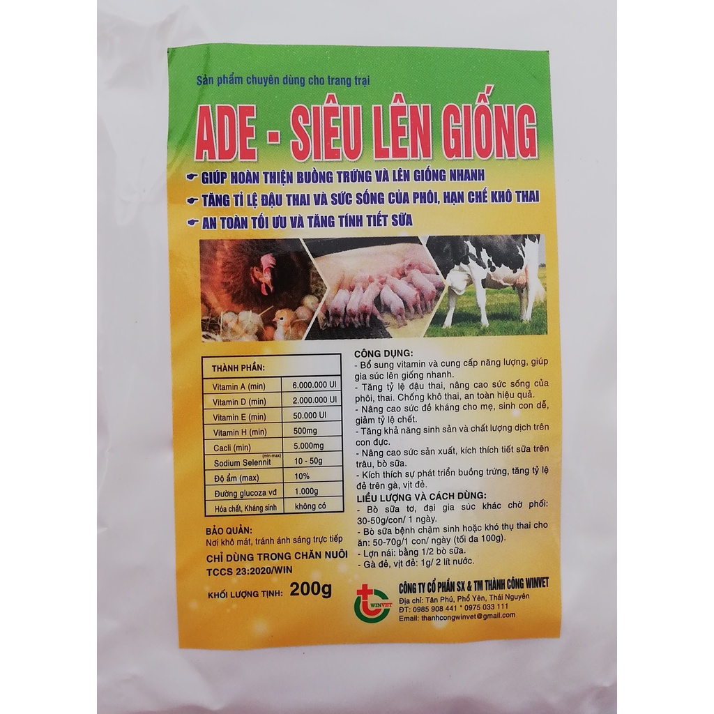 1 gói ADE - SIÊU LÊN GIỐNG 200g Dùng khi vật nuôi chậm đòi đực, chậm hớn, chậm lên giống
