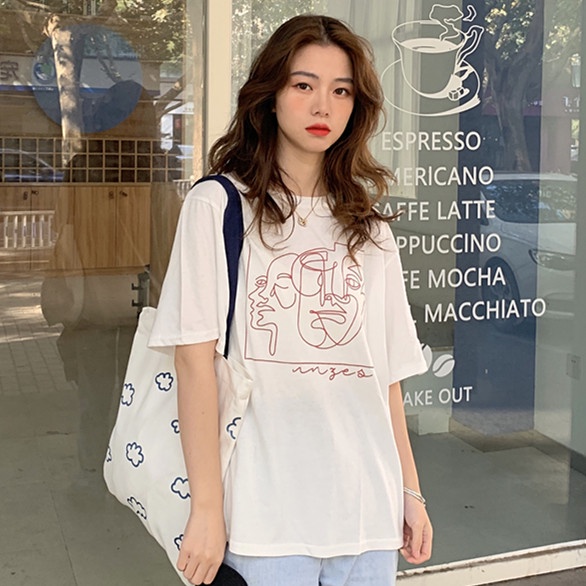 SUXI Áo thun ngắn tay cổ tròn in họa tiết cổ điển thời trang hàn quốc