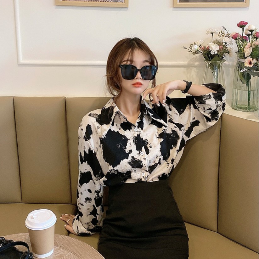 [Sẵn hàng - Freeship] Áo Sơ Mi Nữ Tay Dài Họa Tiết Bò Sữa Phong Cách Retro, Áo Sơ Mi Dáng Rộng Xinh Xắn | BigBuy360 - bigbuy360.vn