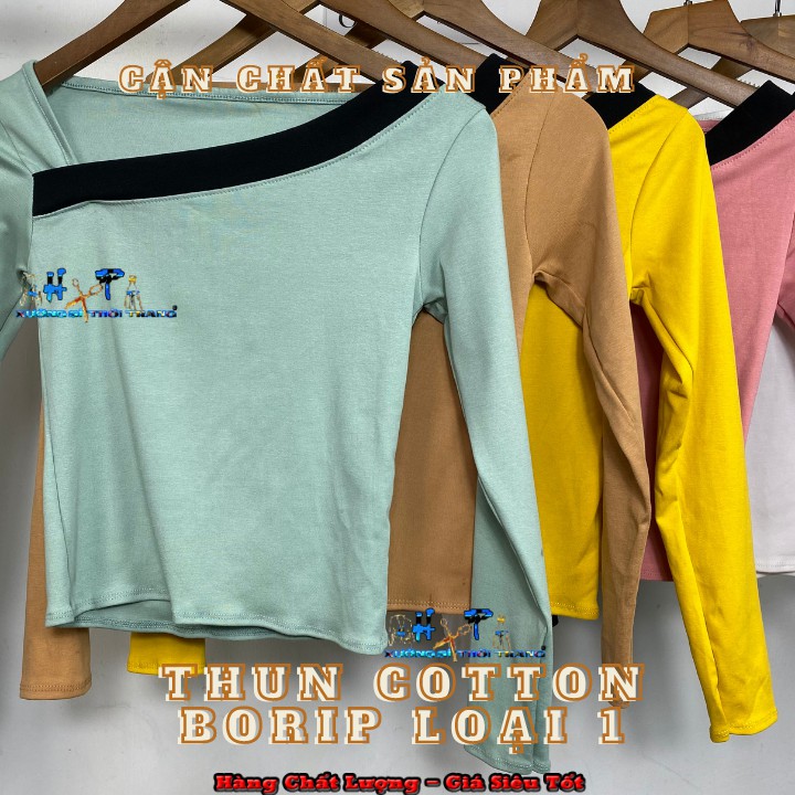 Áo phông nữ đẹp dáng ôm body cổ chữ xéo tay dài màu trắng đen phong cách hàn quốc cực dễ thương thời trang 2021