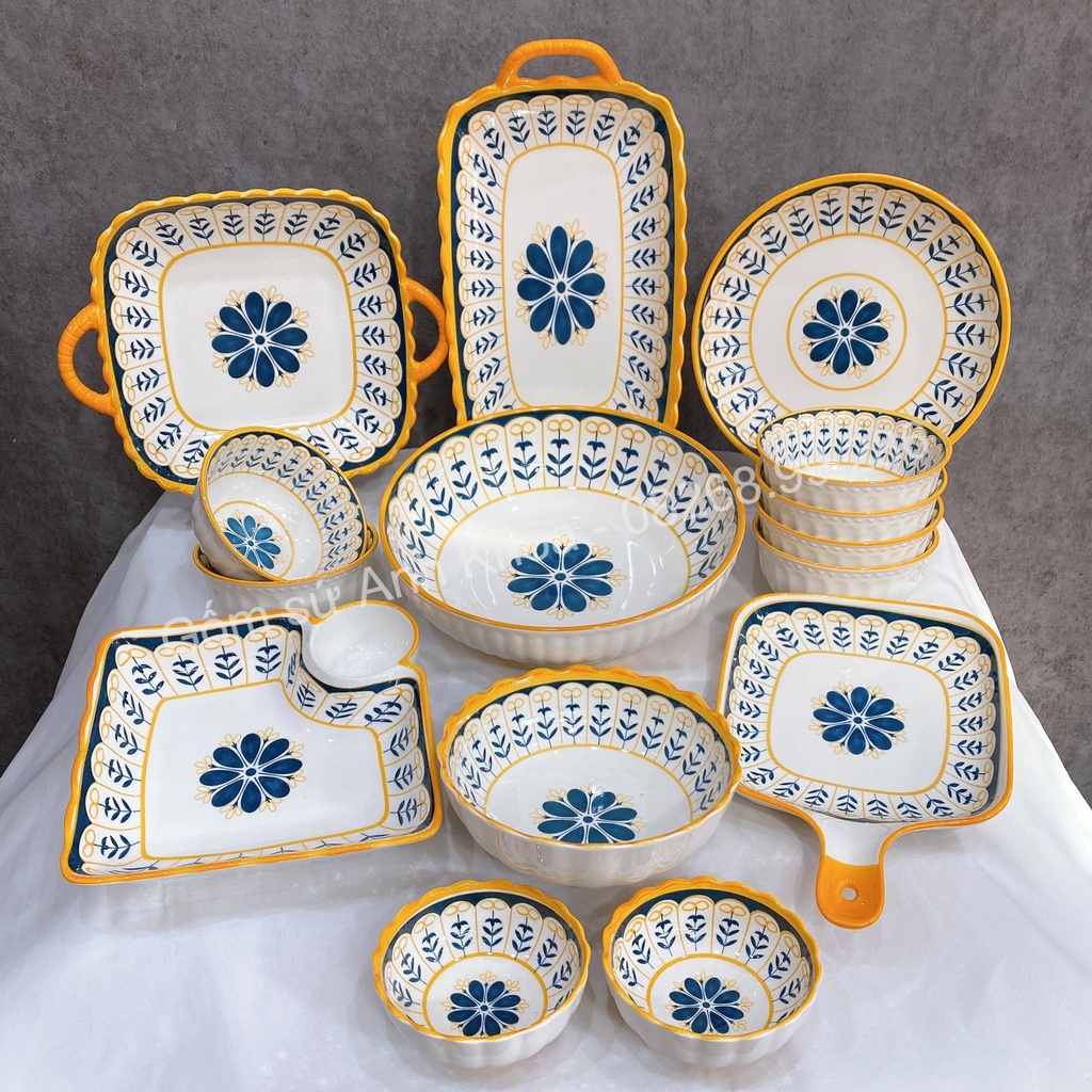 Sét Bát Đĩa sứ Decor Chén Dĩa Sứ Dễ Thương Cute Cao Cấp  sét thổ cẩm 15 món xinh yêu H5