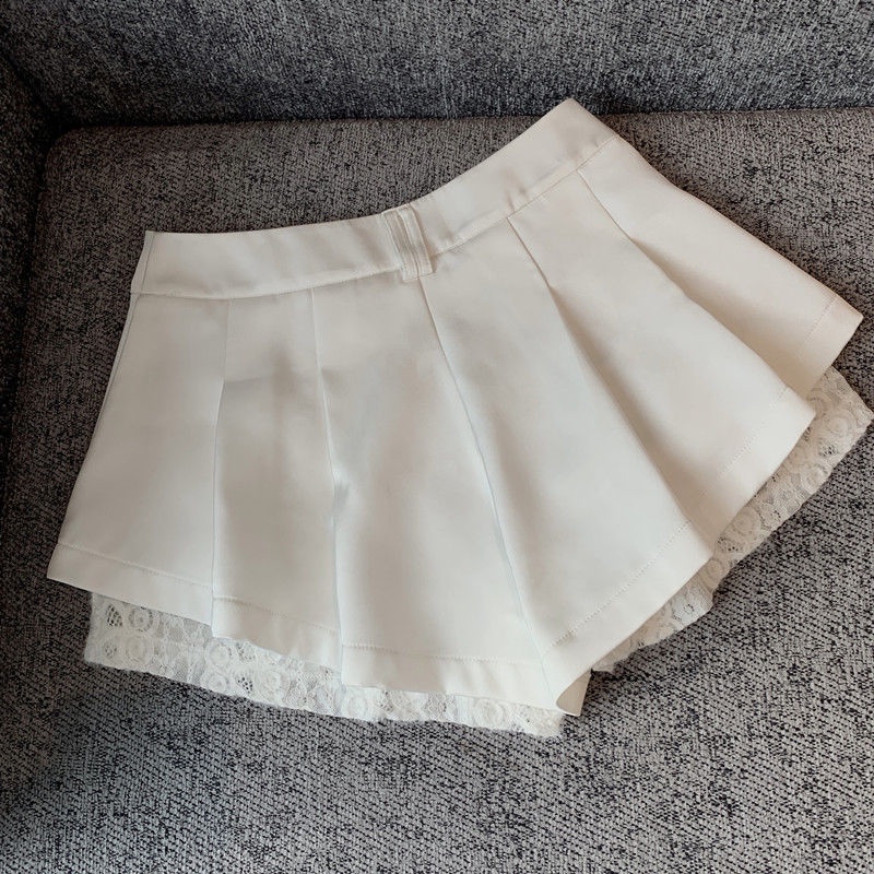 Jiashucheng Quần Culottes Viền Ren Ống Rộng Lưng Cao Xếp Ly Ngắn Hakama Dễ Phối Đồ Thời Trang Mùa Hè Cho Nữ