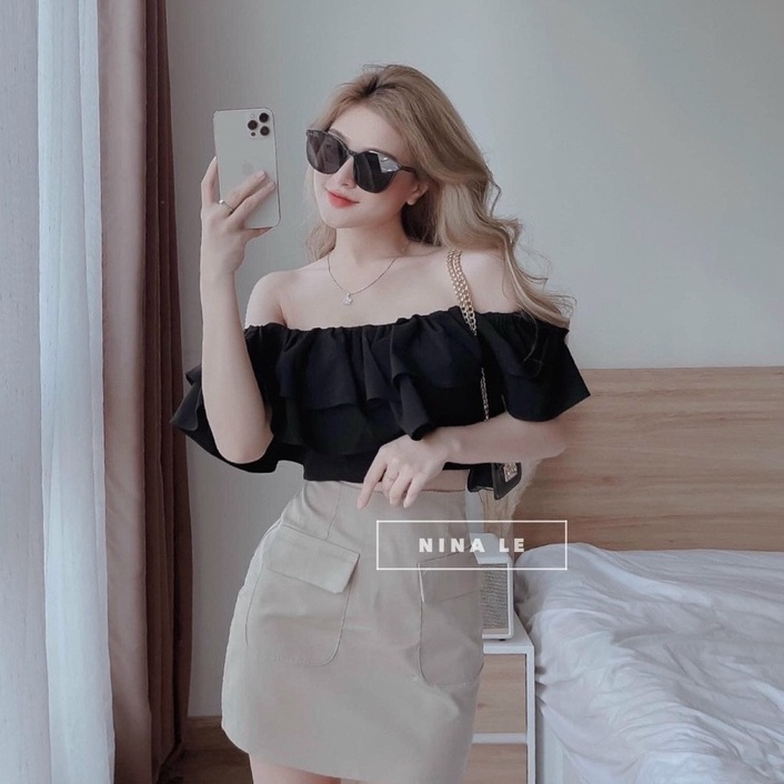 Set đầm áo trễ vai kèm chân váy cực xinh cho nàng đi chơi dạo phố