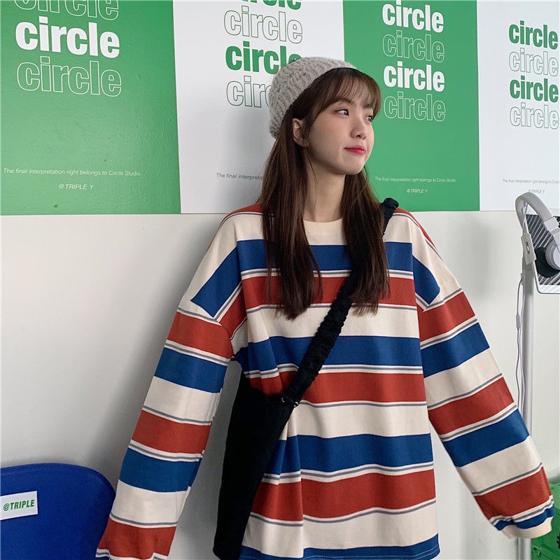 Áo hoodie mỏng tay dài kẻ sọc phong cách Nhật Bản thời trang xuân thu cho nữ 2021