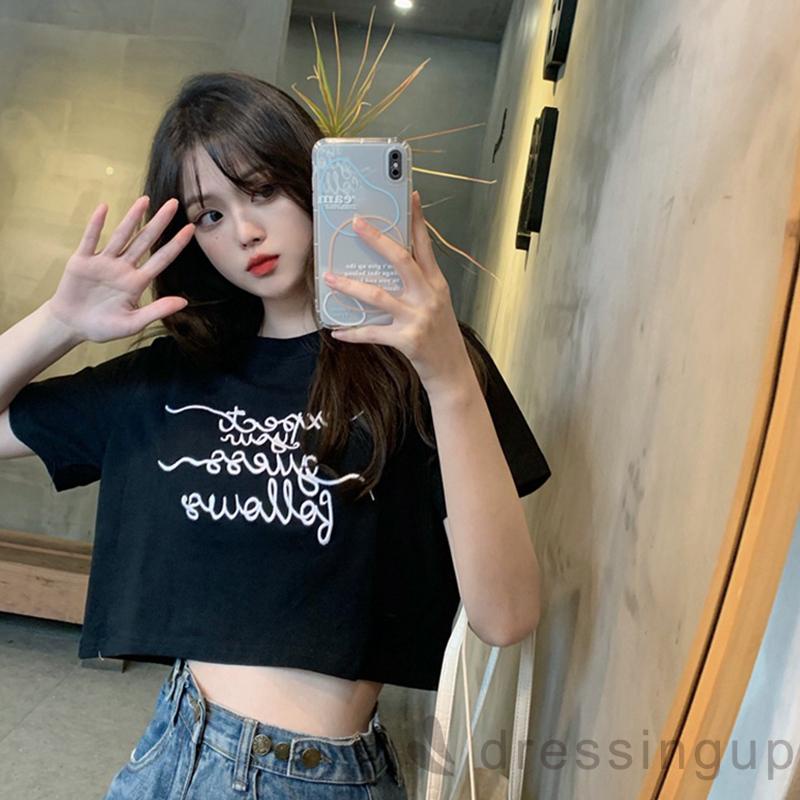 DRE-Women Loose Fit T-shirt, Letters Embroidery Pattern Round Neck Short Sleeve T-shirt, Black/ White