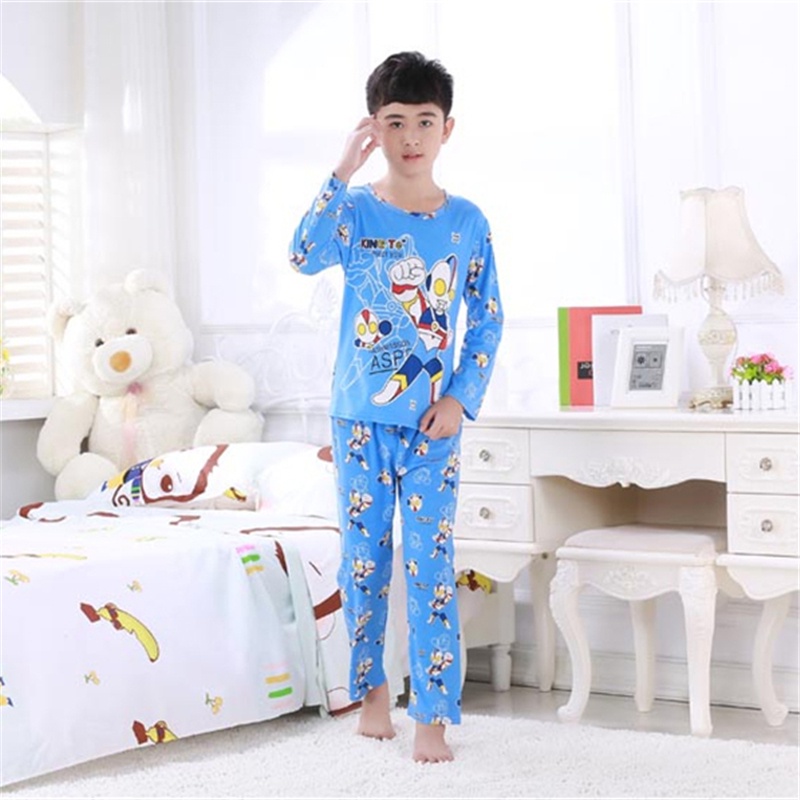 Bộ đồ ngủ tay dài cổ tròn in họa tiết hoạt hình dễ thương phong cách Hàn Quốc cho bé trai