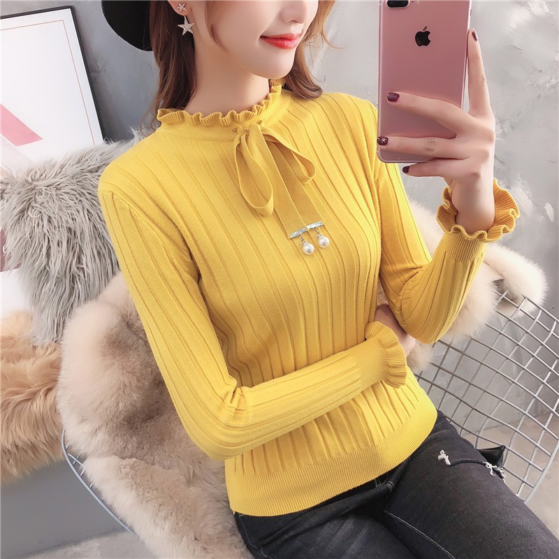 Áo len nữ phối nơ đính cườm dáng ôm vải mềm mại