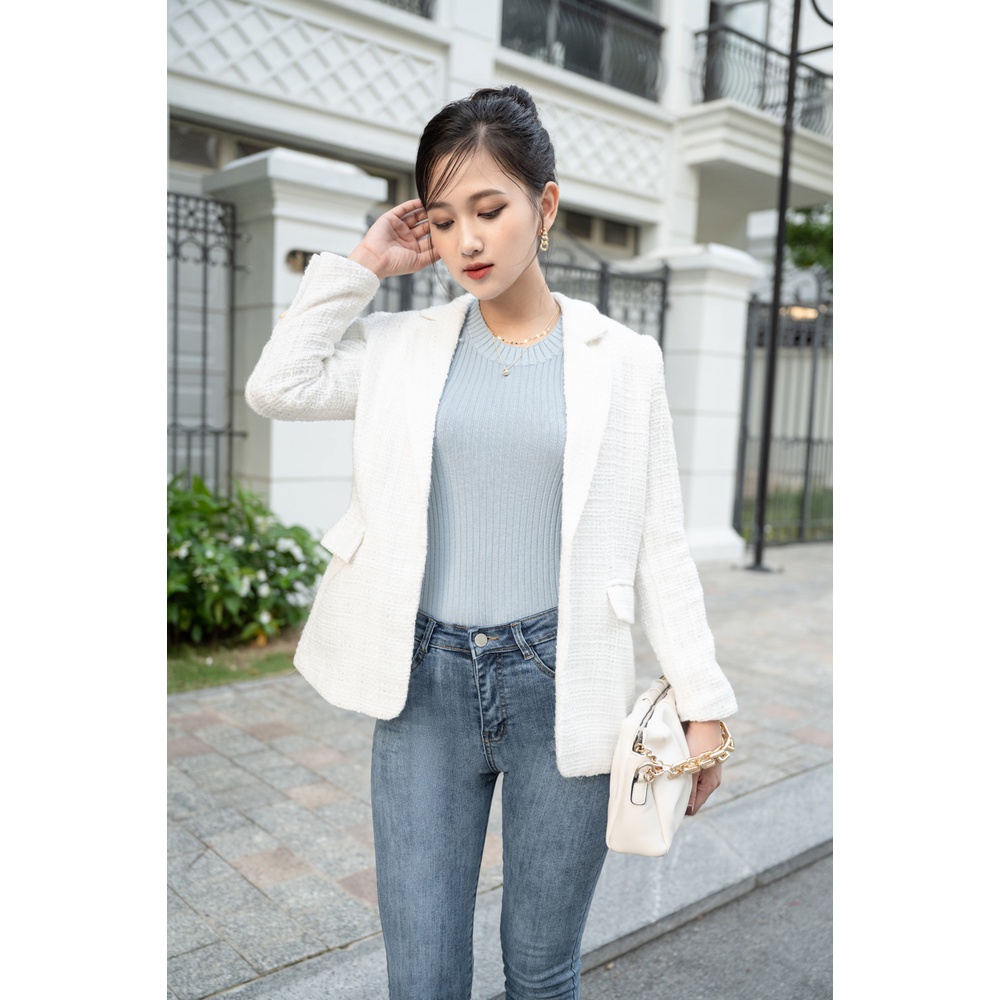 Áo vest cổ K một cúc trước dạ tweed
