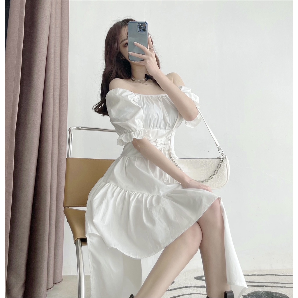 Đầm Perty chữ A tay phồng ôm eo thời trang mùa hè cho nữ