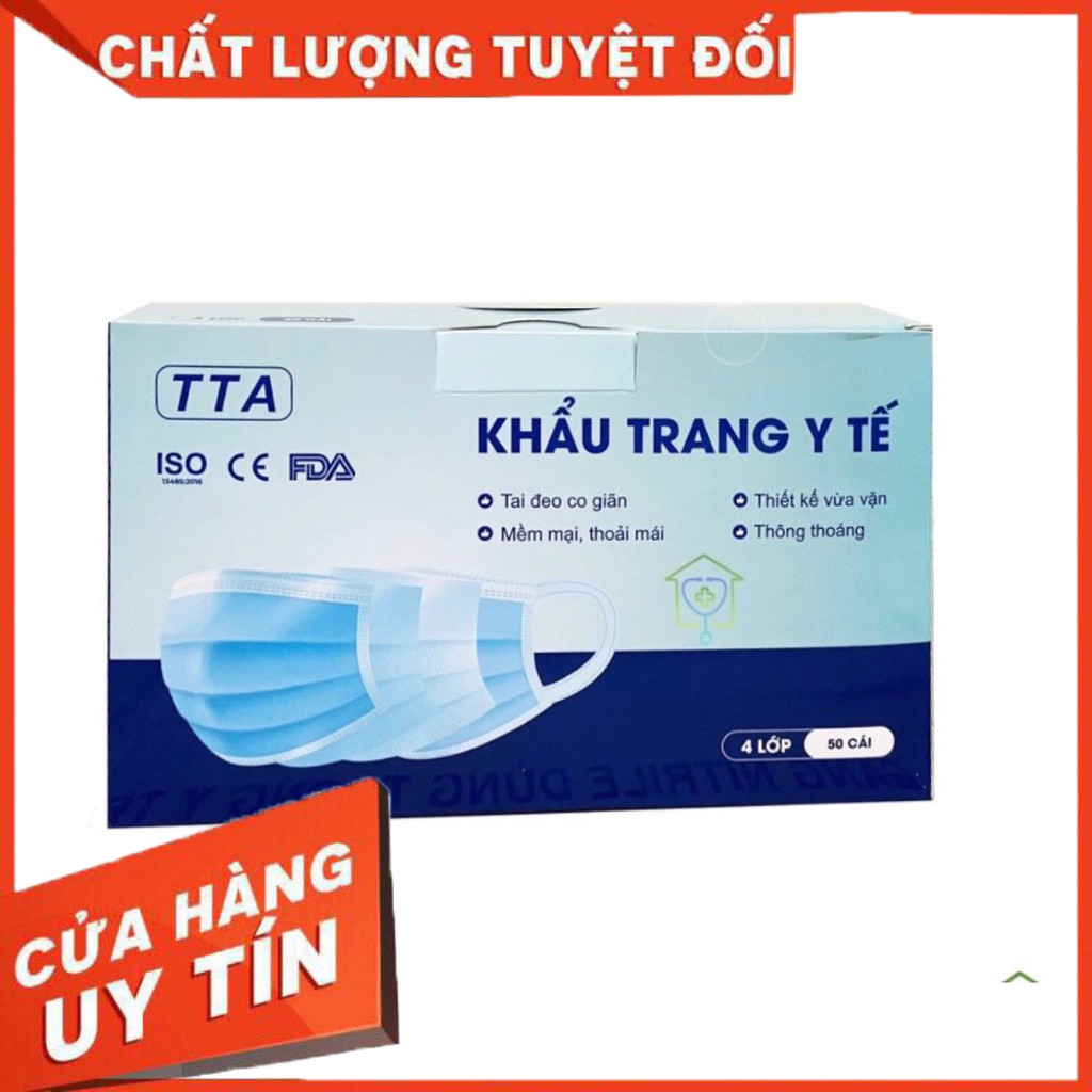 Khẩu Trang Y Tế TTA 4 Lớp Kháng Khuẩn Tai Đeo Mềm Mịn Chống Trượt - Hộp 50 Cái