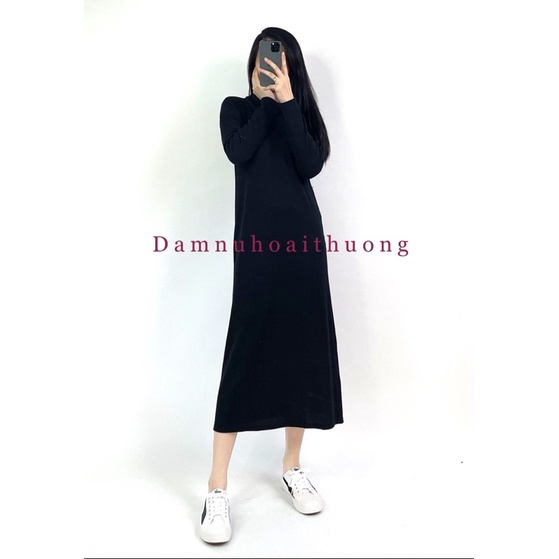 Váy nữ suông thu đông cổ kiểu 2 màu hồng ruốc và đen - Đầm nữ Hoài Thương