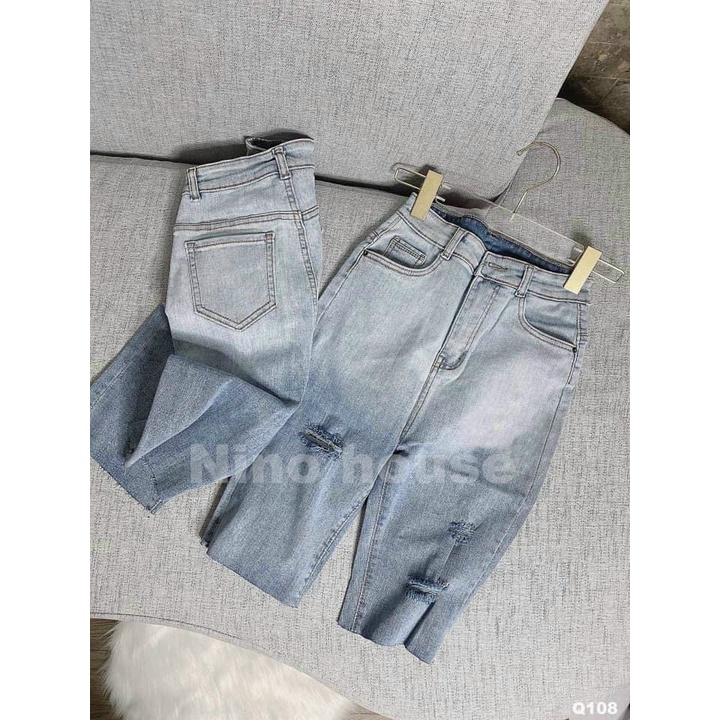 Quần jean lưng cao co dãn dáng lửng ôm dáng màu loang dưới