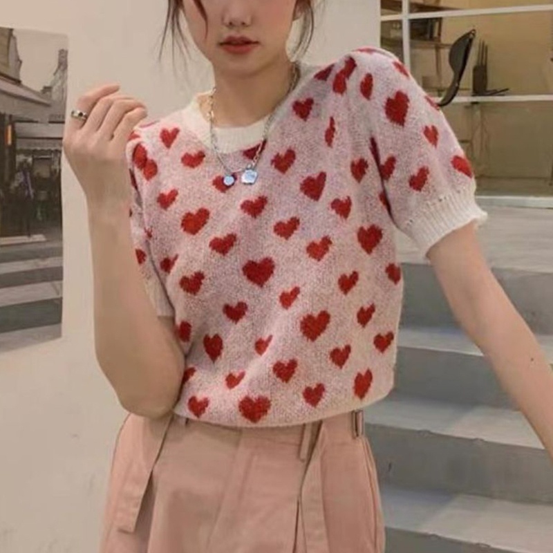 Áo Croptop Dệt Kim Tay Ngắn Cổ Tròn Dáng Rộng Thoải Mái Thời Trang Mùa Hè Cho Nữ