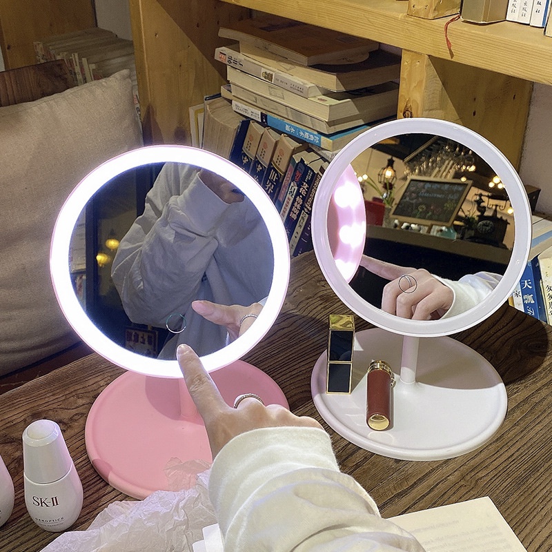 Gương Để Bàn Trang Điểm Led hình tròn bầu dục 3 chế độ ánh sáng - Gấu Thỏ House